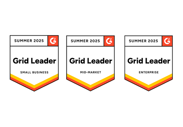 Tres insignias de G2 Grid Leader del verano de 2023, que muestran premios en las categorías de Pequeñas Empresas, Medianas Empresas y Grandes Empresas con diseños de chevron