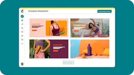 Mailchimp-Oberfläche mit Creative Assistant und vier Header-Design-Stilvorschauen.
