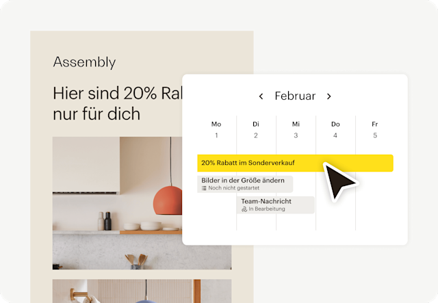 Bild einer abstrakten Rabatt-E-Mail-Benutzeroberfläche der fiktiven Marke Assembly, neben einer schwebenden abstrakten Benutzeroberfläche des Campaign Managers von Mailchimp. Das visuelle Element zeigt, wie Unternehmen das Feature nutzen können, um Kunden zu aktivieren und nahtlose Kampagnen über E-Mail, soziale Medien usw. zu erstellen. 