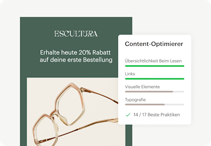 Bild einer abstrakten Rabatt-E-Mail-Benutzeroberfläche der fiktiven Marke Escultura neben einer schwebenden abstrakten Benutzeroberfläche des Content-Optimierers von Mailchimp. Die Darstellung zeigt, wie Benutzer das Engagement mit datengestützten Empfehlungen steigern können.