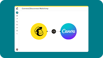 Mailchimp interface showing a Mailchimp logo on a yellow circle connected by a plug icon to a Canva logo.