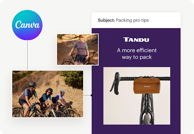 Email mockup featuring cyclists and a storage bag on a bicycle handlebar, with a Canva logo.