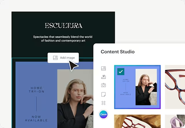 Content studio interface showing eyewear brand website design with photo grid layout and editing tools for digital content management
