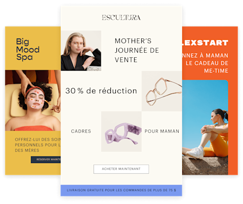 Un collage d'images promotionnelles présentant des lunettes, des plantes et du contenu de fitness avec des superpositions de texte pour l'inscription aux SMS et des offres.